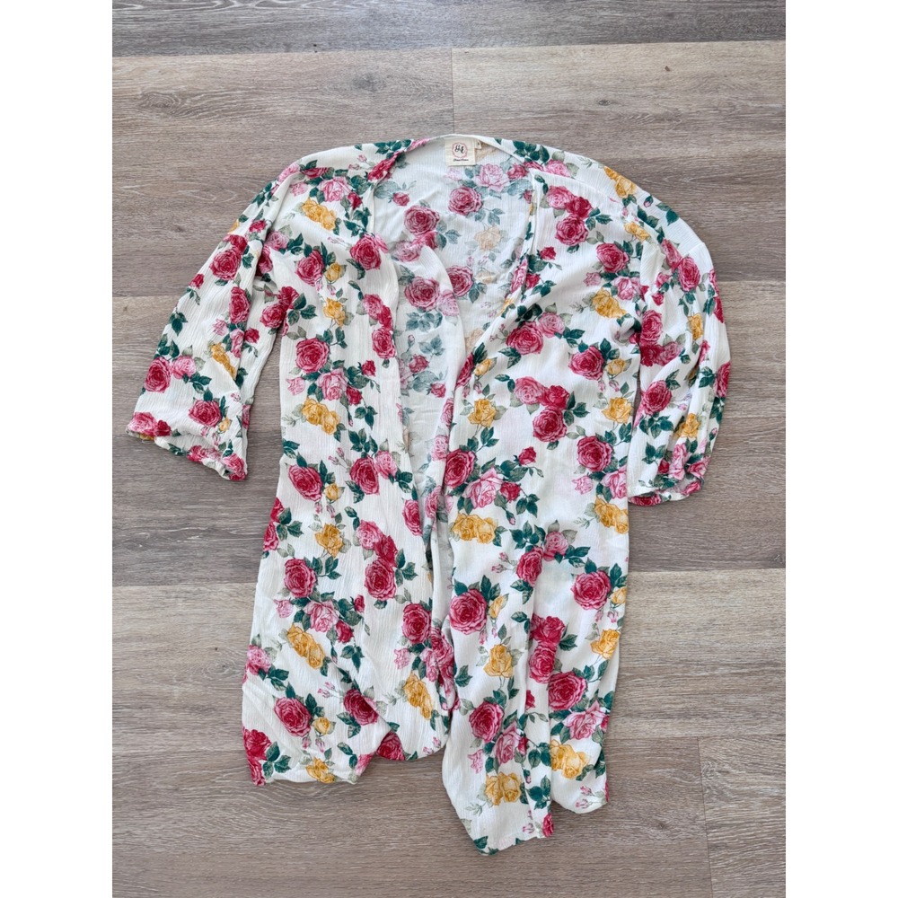 Grace & Emma Boutique Floral Kimono Cardigan Rose Resort Wear Open Front Top